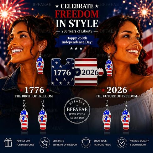 Patriotic Earrings for Women, 4th of July Earrings with 250 Anniversary USA Flag Design, Red White Blue Dangle Earrings for Fourth of July Outfit Women, American Independence Day Jewelry in Kuwait