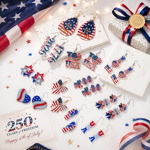 Patriotic Earrings for Women, 4th of July Earrings with 250 Anniversary USA Flag Design, Red White Blue Dangle Earrings for Fourth of July Outfit Women, American Independence Day Jewelry in Kuwait
