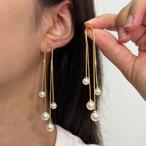 Pearl Dangle Earrings for Women, 14K Gold Plated, Long Tassel Drop Style, Trendy Fashion Jewelry in Saudi Arabia
