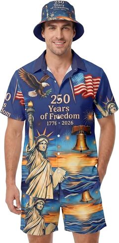 Men's 4th of July Hawaiian Shirt Set, Patriotic Shirt Shorts Outfit with Bucket Hat for BBQ Party Parade in Saudi Arabia