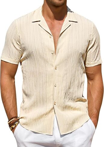 DEMEANOR Mens Button Down Short Sleeve Shirt Stretch Casual Untucked Hawaiian Fashion Textured Summer Beach Shirt in Saudi Arabia