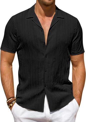 DEMEANOR Mens Button Down Short Sleeve Shirt Stretch Casual Untucked Hawaiian Fashion Textured Summer Beach Shirt in Saudi Arabia
