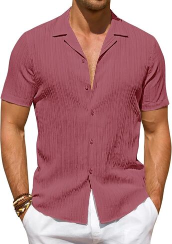 DEMEANOR Mens Button Down Short Sleeve Shirt Stretch Casual Untucked Hawaiian Fashion Textured Summer Beach Shirt in Saudi Arabia