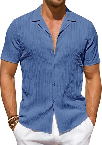DEMEANOR Mens Button Down Short Sleeve Shirt Stretch Casual Untucked Hawaiian Fashion Textured Summer Beach Shirt in Saudi Arabia