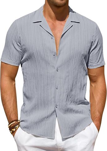 DEMEANOR Mens Button Down Short Sleeve Shirt Stretch Casual Untucked Hawaiian Fashion Textured Summer Beach Shirt in Saudi Arabia