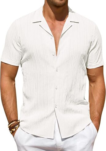 DEMEANOR Mens Button Down Short Sleeve Shirt Stretch Casual Untucked Hawaiian Fashion Textured Summer Beach Shirt in Saudi Arabia