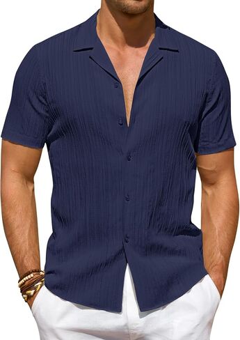 DEMEANOR Mens Button Down Short Sleeve Shirt Stretch Casual Untucked Hawaiian Fashion Textured Summer Beach Shirt in Saudi Arabia