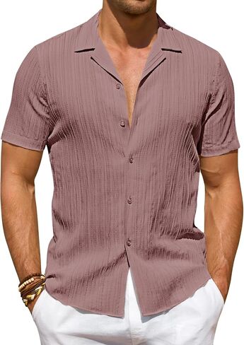 DEMEANOR Mens Button Down Short Sleeve Shirt Stretch Casual Untucked Hawaiian Fashion Textured Summer Beach Shirt in Saudi Arabia