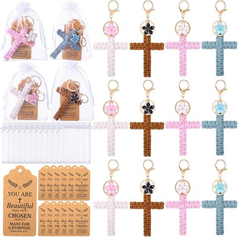 Nosiny 12 Set Macrame Cross Keychains Bulk Christian Keychain with Bags Inspirational Cards and Flower Charm Knitted Handmade Soft Jesus Key Chain Cross Boho Decor for Baptism Women Men Gifts in Kuwait