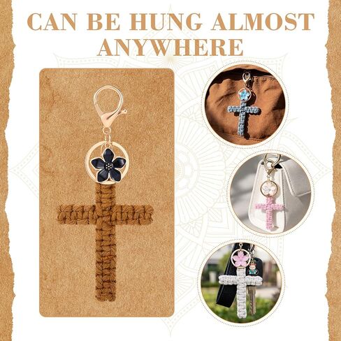 Nosiny 12 Set Macrame Cross Keychains Bulk Christian Keychain with Bags Inspirational Cards and Flower Charm Knitted Handmade Soft Jesus Key Chain Cross Boho Decor for Baptism Women Men Gifts in Kuwait