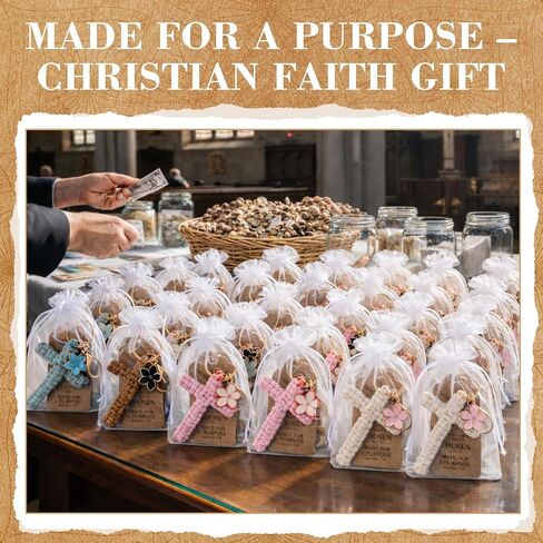 Nosiny 12 Set Macrame Cross Keychains Bulk Christian Keychain with Bags Inspirational Cards and Flower Charm Knitted Handmade Soft Jesus Key Chain Cross Boho Decor for Baptism Women Men Gifts in Kuwait