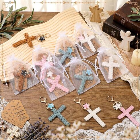 Nosiny 12 Set Macrame Cross Keychains Bulk Christian Keychain with Bags Inspirational Cards and Flower Charm Knitted Handmade Soft Jesus Key Chain Cross Boho Decor for Baptism Women Men Gifts in Kuwait
