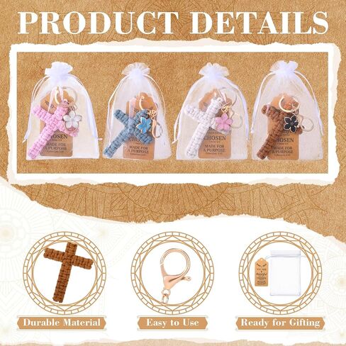Nosiny 12 Set Macrame Cross Keychains Bulk Christian Keychain with Bags Inspirational Cards and Flower Charm Knitted Handmade Soft Jesus Key Chain Cross Boho Decor for Baptism Women Men Gifts in Kuwait
