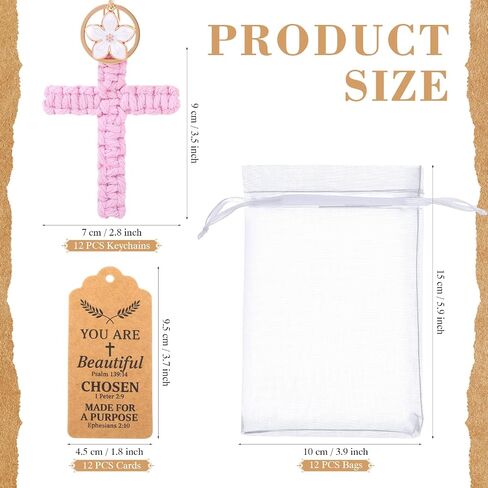 Nosiny 12 Set Macrame Cross Keychains Bulk Christian Keychain with Bags Inspirational Cards and Flower Charm Knitted Handmade Soft Jesus Key Chain Cross Boho Decor for Baptism Women Men Gifts in Kuwait