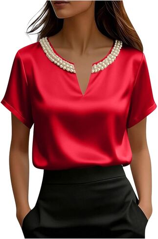Womens Tops Dressy Casual V Neck Color Short Sleeve Blouse Business Casual Tops Satin Silk Work Summer Shirt in Kuwait