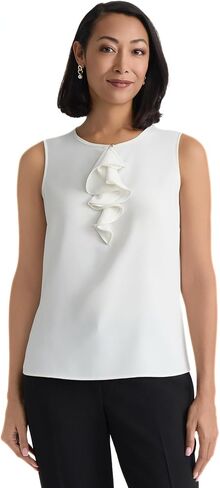 Kasper Women's Jewel Neck Ruffle Front Georgette Blouse in Kuwait
