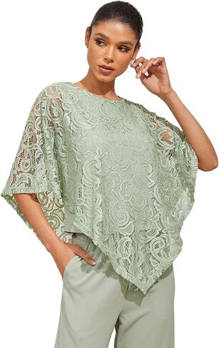 Womens Lace Blouses Dressy Casual Flowy Short Sleeve Crew Neck Shirts Loose Asymmetrical Hem Poncho Batwing Ladies Tops in Saudi Arabia
