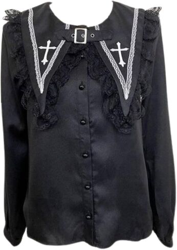 Lolita Shirts Jirai Kei Fashion Tenshi Kawaii Clothing Goth Shirts Women Lace Mesh Sheer Long Sleeve Blouse in Saudi Arabia