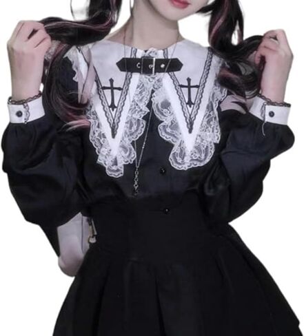 Lolita Shirts Jirai Kei Fashion Tenshi Kawaii Clothing Goth Shirts Women Lace Mesh Sheer Long Sleeve Blouse in Saudi Arabia