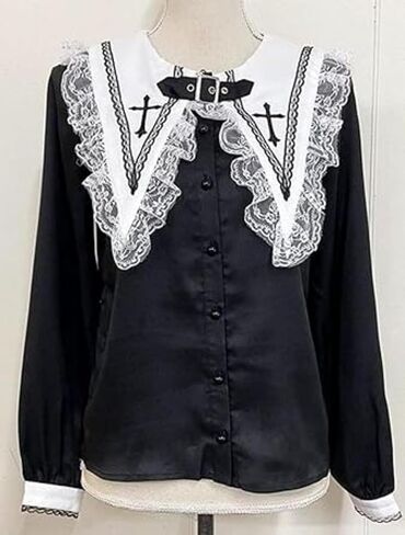 Lolita Shirts Jirai Kei Fashion Tenshi Kawaii Clothing Goth Shirts Women Lace Mesh Sheer Long Sleeve Blouse in Saudi Arabia
