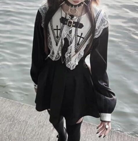 Lolita Shirts Jirai Kei Fashion Tenshi Kawaii Clothing Goth Shirts Women Lace Mesh Sheer Long Sleeve Blouse in Saudi Arabia