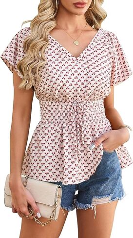 ECOWISH Peplum Tops for Women 2026 Summer Casual Short Sleeve Blouse Dressy V Neck Cinched Waist Work Shirts in Kuwait