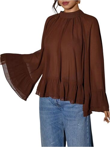 Verdusa Women's Plus Size Asymmetrical Chiffon Blouse Tops Flowy Ruffle Flare Sleeve Oversized Tops in Kuwait
