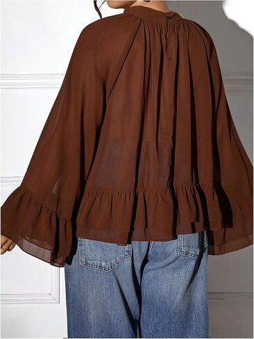 Verdusa Women's Plus Size Asymmetrical Chiffon Blouse Tops Flowy Ruffle Flare Sleeve Oversized Tops in Kuwait