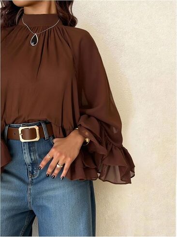 Verdusa Women's Plus Size Asymmetrical Chiffon Blouse Tops Flowy Ruffle Flare Sleeve Oversized Tops in Kuwait
