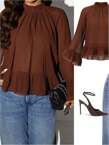Verdusa Women's Plus Size Asymmetrical Chiffon Blouse Tops Flowy Ruffle Flare Sleeve Oversized Tops in Kuwait