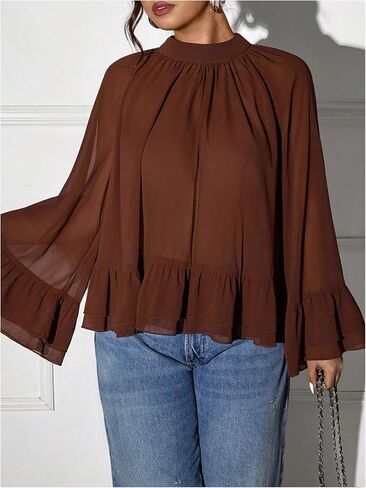 Verdusa Women's Plus Size Asymmetrical Chiffon Blouse Tops Flowy Ruffle Flare Sleeve Oversized Tops in Kuwait