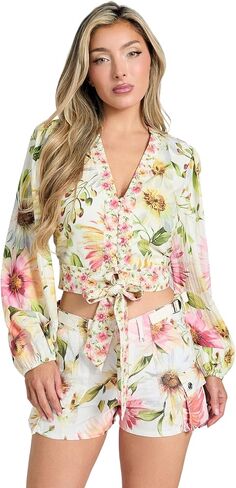GUESS Women's Ls Colette V Neck Bow Top in Kuwait
