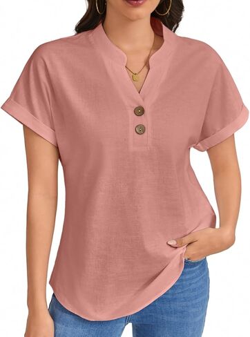 Women's Cotton Linen Button Down Blouse Short Sleeve V Neck Loose Fit Breathable Casual in Kuwait