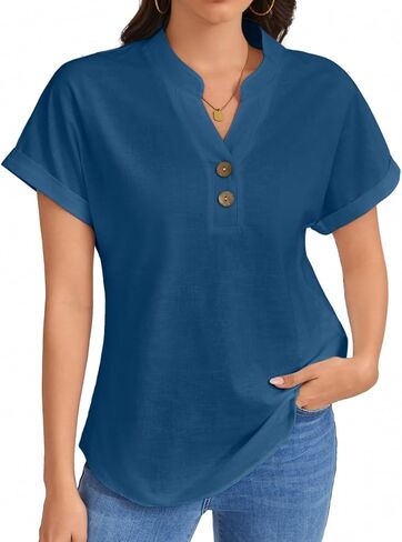 Women's Cotton Linen Button Down Blouse Short Sleeve V Neck Loose Fit Breathable Casual in Kuwait