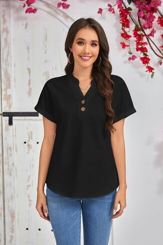 Women's Cotton Linen Button Down Blouse Short Sleeve V Neck Loose Fit Breathable Casual in Kuwait