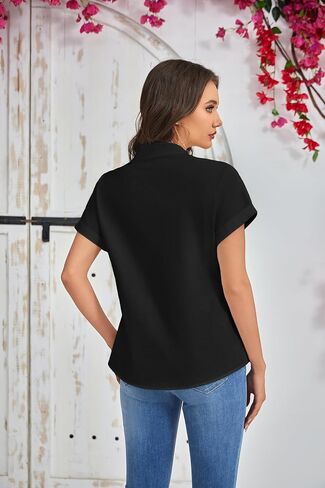 Women's Cotton Linen Button Down Blouse Short Sleeve V Neck Loose Fit Breathable Casual in Kuwait
