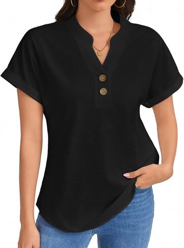 Women's Cotton Linen Button Down Blouse Short Sleeve V Neck Loose Fit Breathable Casual in Kuwait