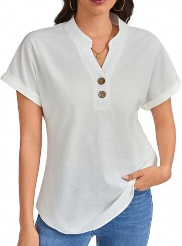 Women's Cotton Linen Button Down Blouse Short Sleeve V Neck Loose Fit Breathable Casual in Kuwait
