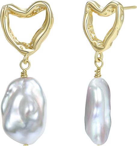 Baroque Pearl Earrings for Women 925 Sterling Silver Post 14K Gold Plated Heart Teardrop Design Dangle Freshwater Cultured Baroque Pearl Earring Hypoallergenic Wedding Birthday Gift for Mom Girlfriend in Saudi Arabia