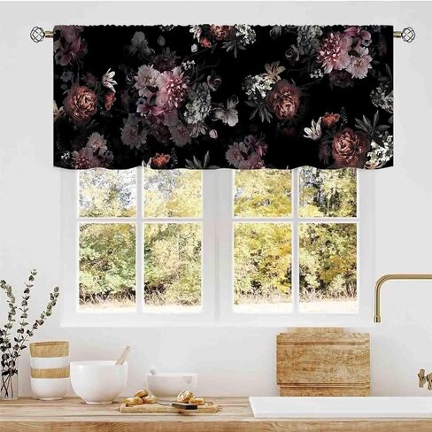 Boho Floral Valance, Vintage Black Pink Spring Flower Blossom Rose Penoy Aesthetic Boho Chic Rod Pocket Small Window Curtains for Cafe Kitchen Living Room Bedroom Cabinet Bathroom, 54"x18" Inch in Saudi Arabia
