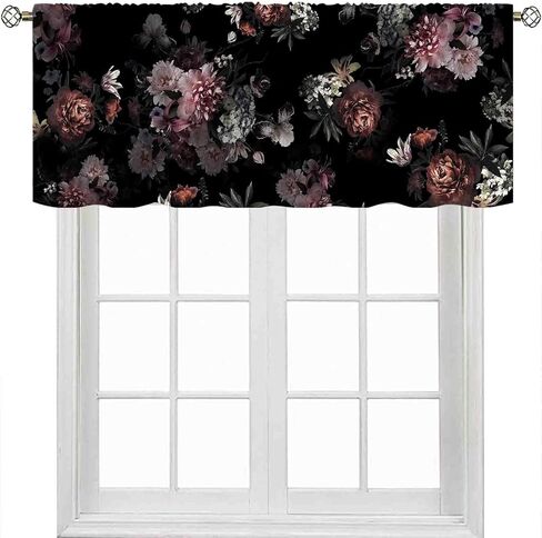 Boho Floral Valance, Vintage Black Pink Spring Flower Blossom Rose Penoy Aesthetic Boho Chic Rod Pocket Small Window Curtains for Cafe Kitchen Living Room Bedroom Cabinet Bathroom, 54"x18" Inch in Saudi Arabia