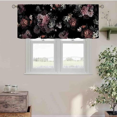 Boho Floral Valance, Vintage Black Pink Spring Flower Blossom Rose Penoy Aesthetic Boho Chic Rod Pocket Small Window Curtains for Cafe Kitchen Living Room Bedroom Cabinet Bathroom, 54"x18" Inch in Saudi Arabia