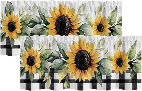 Sunflower Valances for Windows 2 Pack,Rod Pocket Valance Curtains,Small Window Treatment Valances for Kitchen Living Room,Bedroom,Bathroom, Decor,18x54 Inch,2 Panel,Buffalo Plaid Yellow Flower Plants in Saudi Arabia
