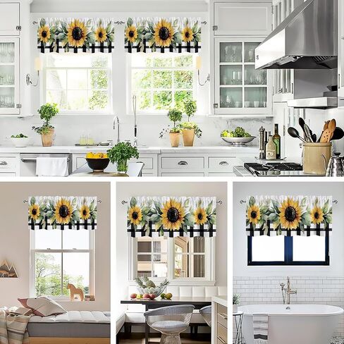 Sunflower Valances for Windows 2 Pack,Rod Pocket Valance Curtains,Small Window Treatment Valances for Kitchen Living Room,Bedroom,Bathroom, Decor,18x54 Inch,2 Panel,Buffalo Plaid Yellow Flower Plants in Saudi Arabia