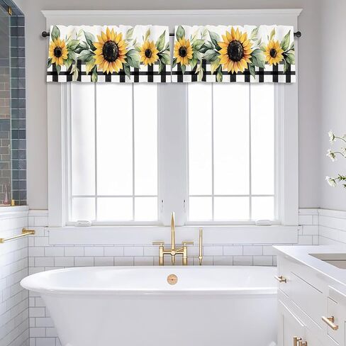 Sunflower Valances for Windows 2 Pack,Rod Pocket Valance Curtains,Small Window Treatment Valances for Kitchen Living Room,Bedroom,Bathroom, Decor,18x54 Inch,2 Panel,Buffalo Plaid Yellow Flower Plants in Saudi Arabia