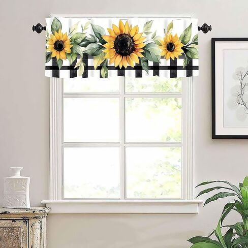Sunflower Valances for Windows 2 Pack,Rod Pocket Valance Curtains,Small Window Treatment Valances for Kitchen Living Room,Bedroom,Bathroom, Decor,18x54 Inch,2 Panel,Buffalo Plaid Yellow Flower Plants in Saudi Arabia