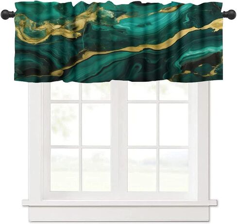 Marble Valance Curtain, Emerald Green Gold Textured Modern Abstract Short Drape for Kitchen Living Room Cafe Office Window Treatment 1 Panel 54" W x 18" L Inch in Saudi Arabia