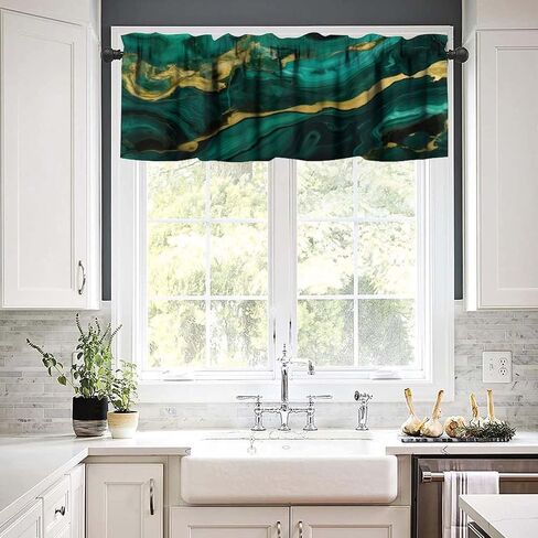 Marble Valance Curtain, Emerald Green Gold Textured Modern Abstract Short Drape for Kitchen Living Room Cafe Office Window Treatment 1 Panel 54" W x 18" L Inch in Saudi Arabia