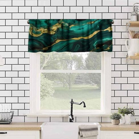 Marble Valance Curtain, Emerald Green Gold Textured Modern Abstract Short Drape for Kitchen Living Room Cafe Office Window Treatment 1 Panel 54" W x 18" L Inch in Saudi Arabia