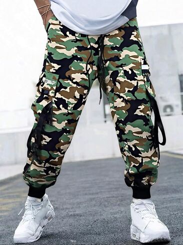 Men's Casual Cargo Pants 1Pcs Camo Loose Cuffed Sweatpants All-Season, Simple Style, for Work, Home & Sports Trendy Plus Size in Kuwait